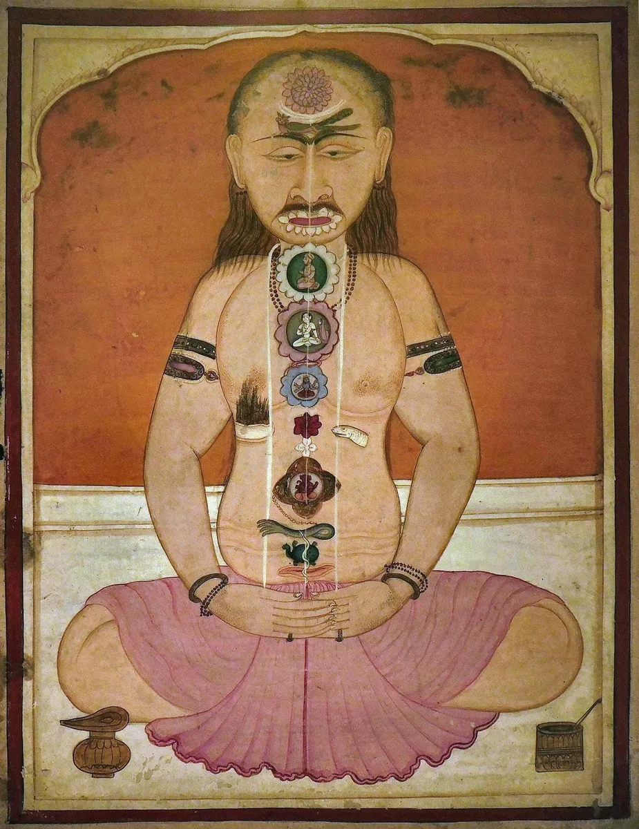 A yogin in meditation, showing the cakras, the three nāḍīs and the small serpent climbing the central channel. Indian manuscript painting, Wellcome Collection