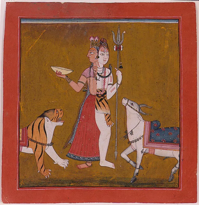 Ardhanārīśvara: Śiva and Śakti as one body, moon and sun, left and right. Pahari, c. 1715. San Diego Museum of Art