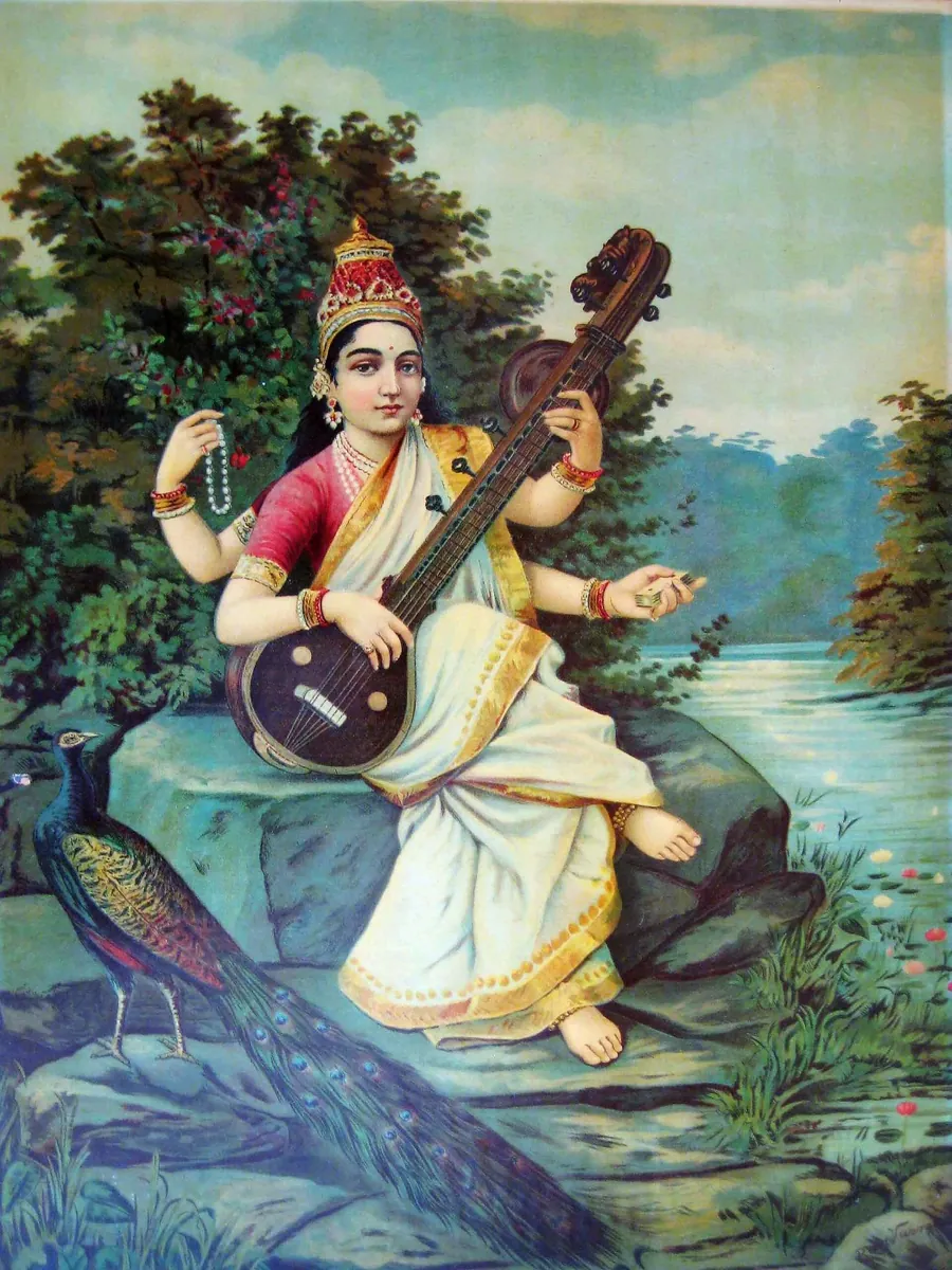 Sarasvatī, goddess of speech, music and sacred sound, with her vīṇā. Raja Ravi Varma, 1894
