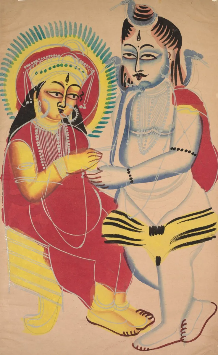 Annapūrṇā og Śiva: overflodens Gudinde giver asketen mad. Kalighat-maleri, Calcutta, 1800-tallet