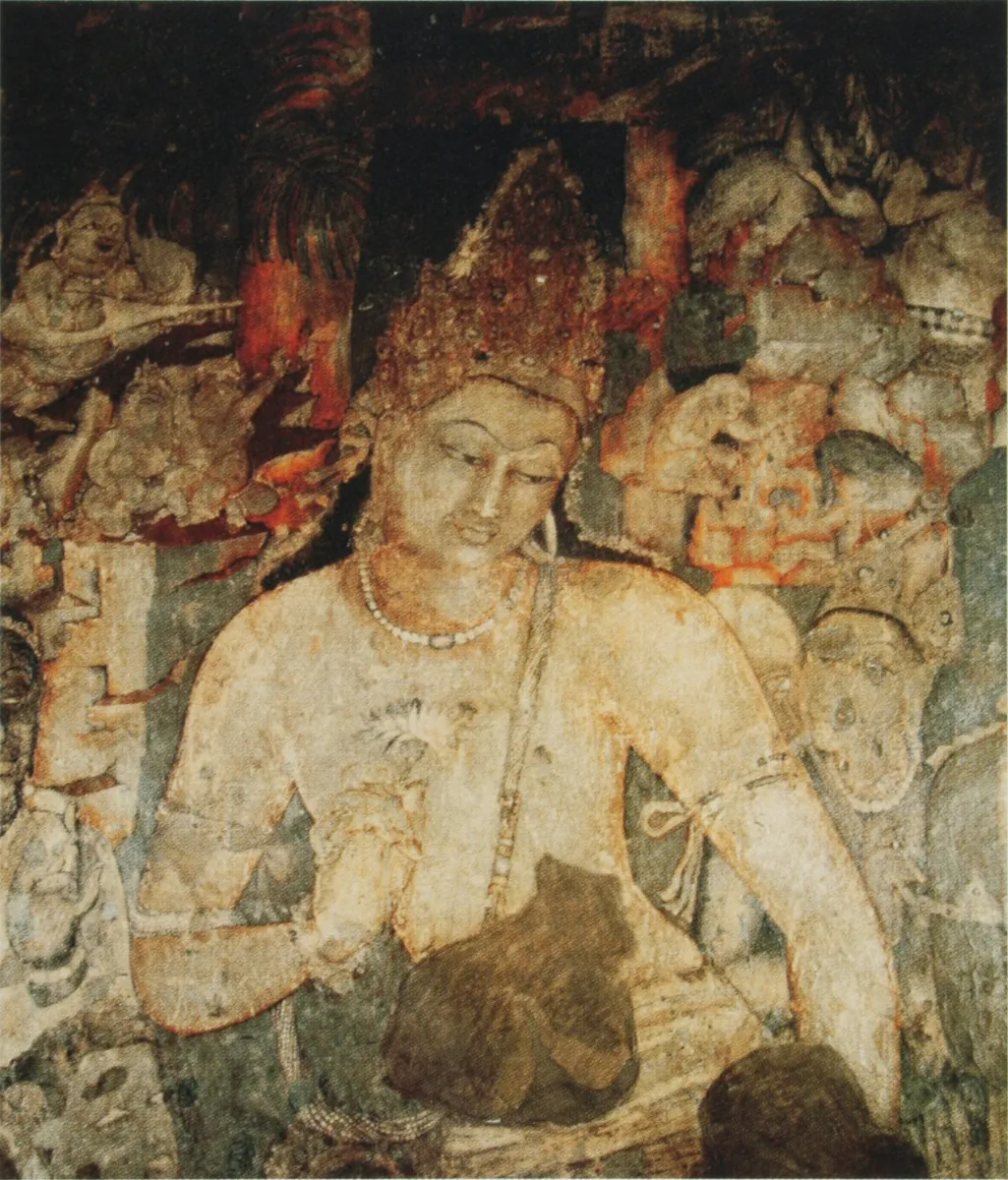 Bodhisattva Padmapāṇi, the lotus-bearer of compassion. Wall painting, Cave 1, Ajanta, c. 450–490 CE