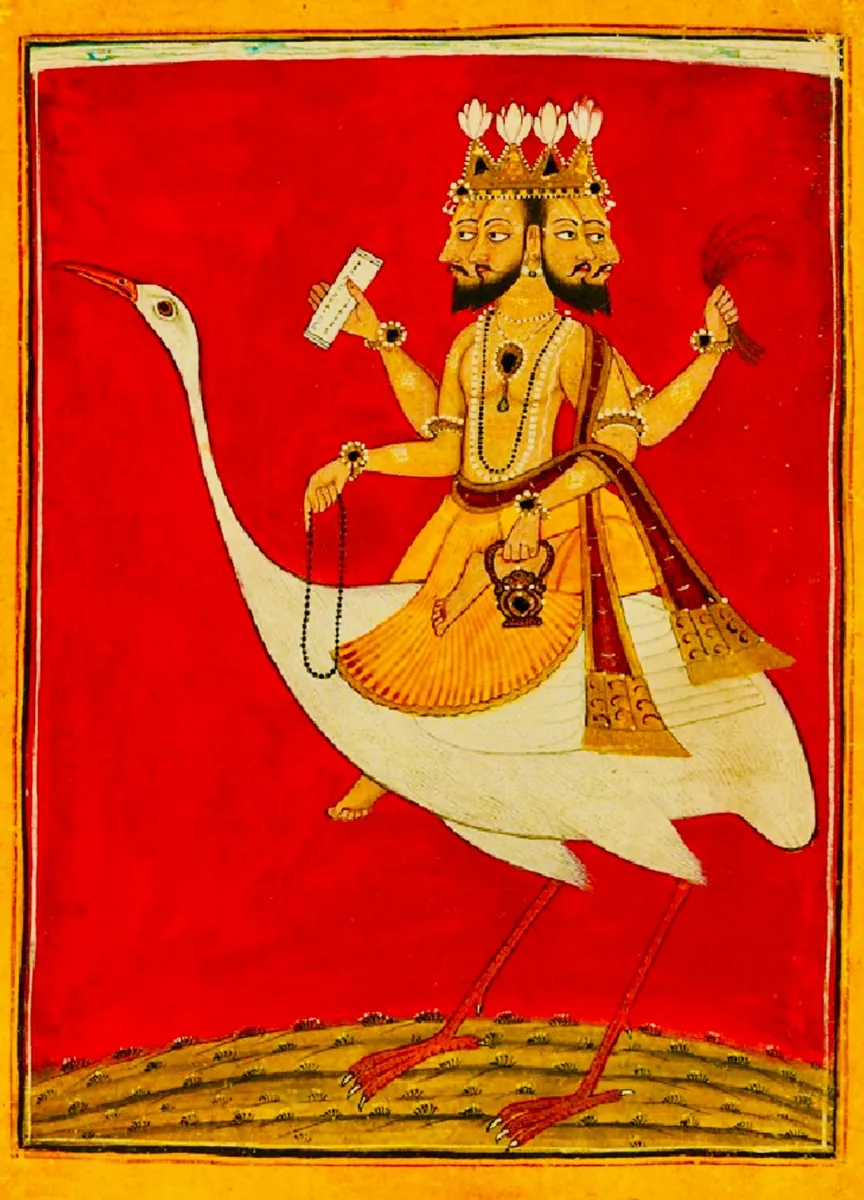 Brahmā on his Haṃsa, dømmekraftens svane. Mankot, Pahari-skolen, ca. 1720. Ashmolean Museum. Offentligt domæne