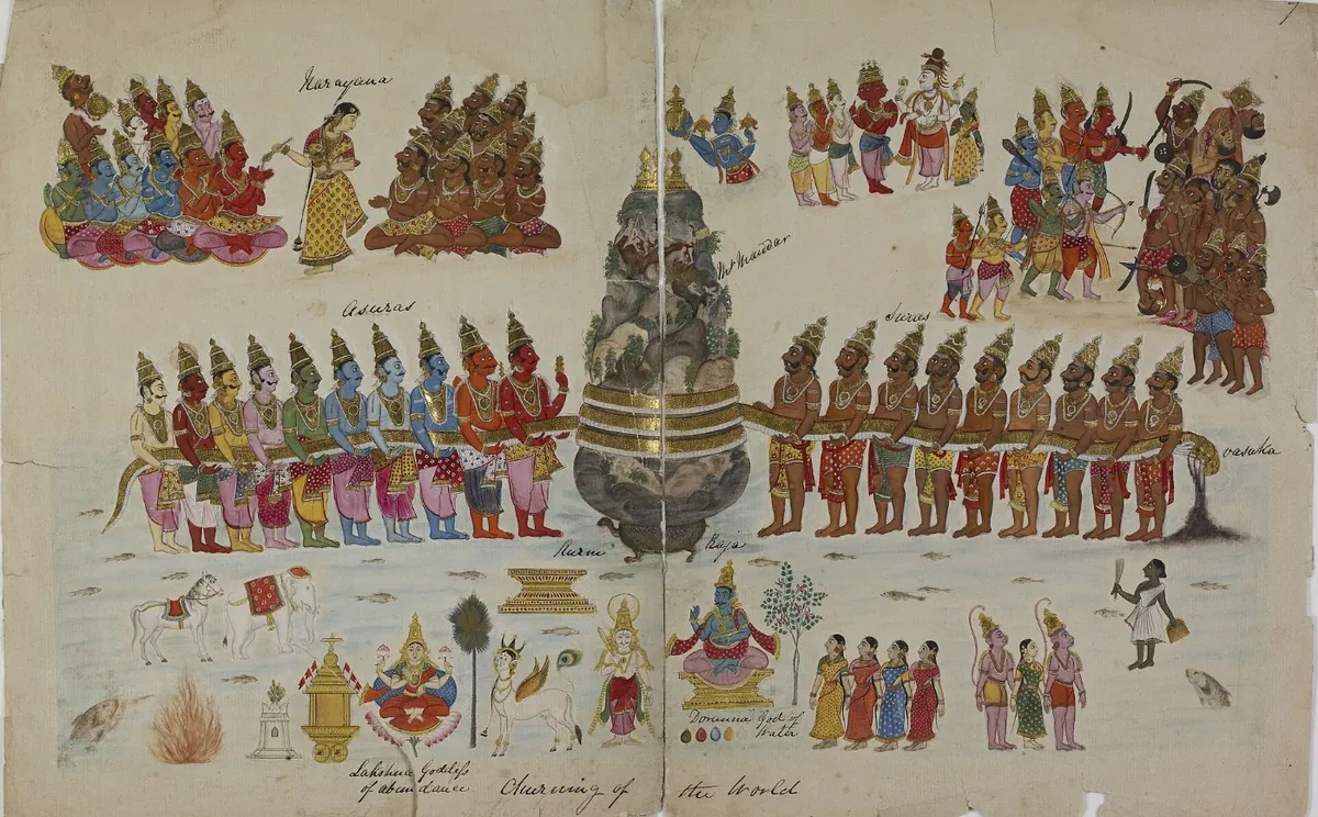 The Churning of the Ocean: from the waters come first the poison, then the nectar. South India, c. 1820. British Museum