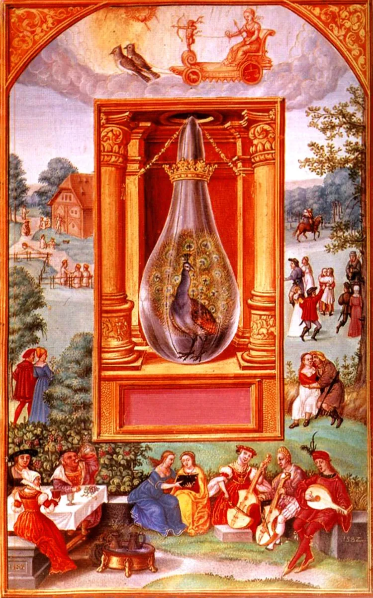 The Peacock’s Tail, the alchemical vessel holding every colour, from the Splendor Solis, 1532–35. Kupferstichkabinett, Berlin